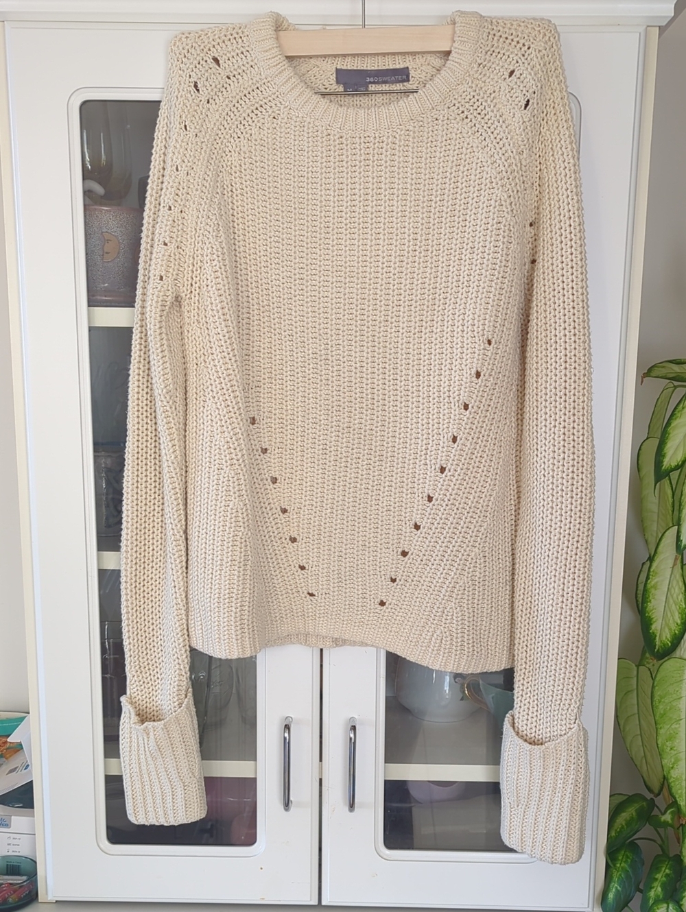 360 Sweater Cream Open-Stitch Crewneck Sweater